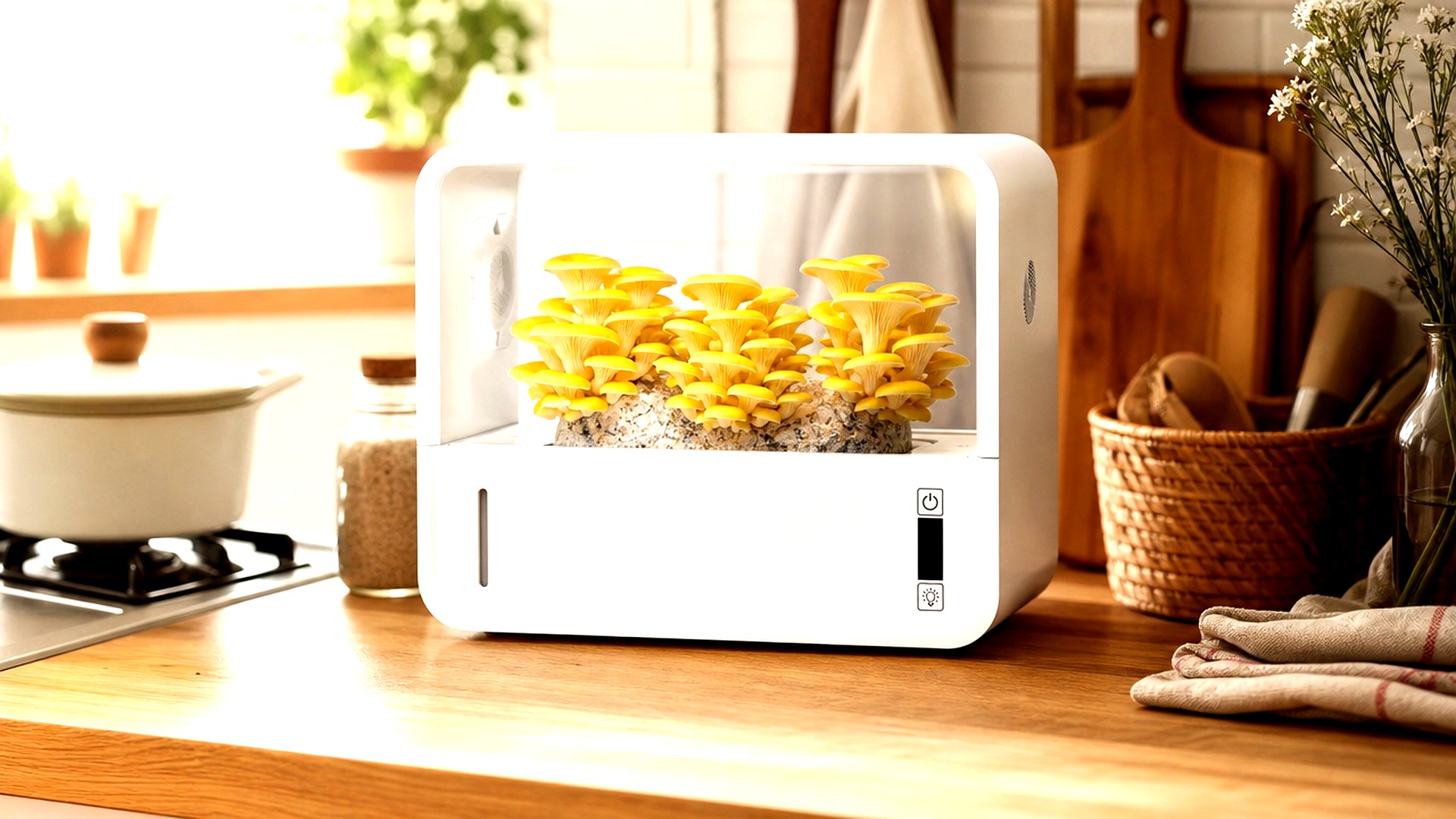SUPERCOOL SmartFungi Box on kitchen countertop with growing mushrooms